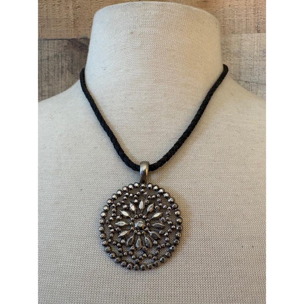 Boho Silver Tone Floral Medallion Pendant Necklace Black Braided Cord Adjustable
